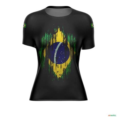 Camiseta Agro BRK Preta Grunge Bandeira Brasil com UV50 + -  Gênero: Feminino Tamanho: Baby Look P