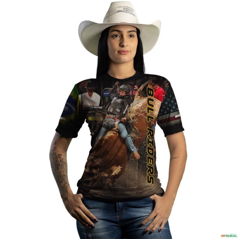 Camiseta Country Brk Rodeio Bull Rider Brasil 5 com Uv50 -  Tamanho: Baby Look XXG