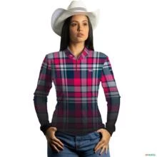 Camisa Country Feminina Brk Xadrez Azul e Rosa com Uv50 -  Gênero: Feminino Tamanho: Baby Look XG