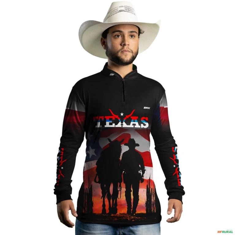 Camisa Country BRK Preta Cavalgada Texas com UV50 + -  Gênero: Masculino Tamanho: P