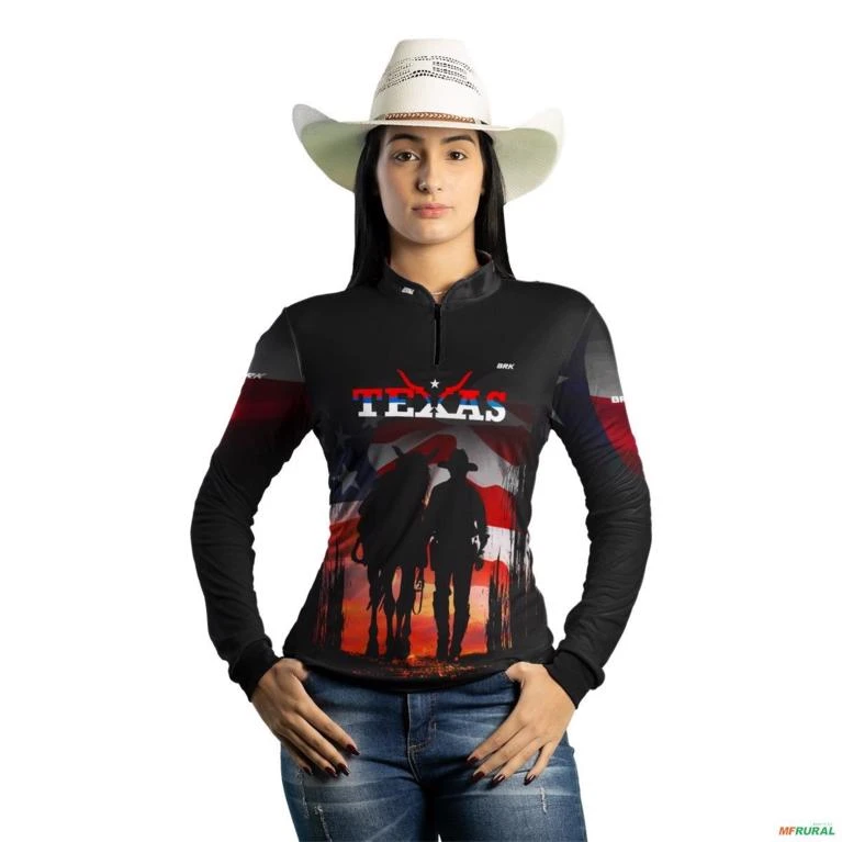 Camisa Country BRK Preta Cavalgada Texas com UV50 + -  Gênero: Feminino Tamanho: Baby Look G