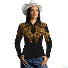 Camisa Country Feminina Brk Boiadeira Dourada e Preto com Uv50 -  Gênero: Feminino Tamanho: Baby Loo