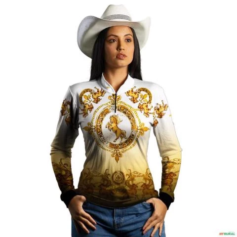 Camisa Country BRK Dourada Feminina Boiadeira com UV50 + -  Gênero: Feminino Tamanho: Baby Look P