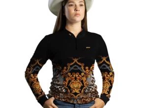 Camisa Country Feminina Brk Dourada e Preto Onça com Uv50 -  Gênero: Feminino Tamanho: Baby Look P