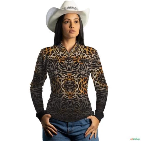 Camisa Country Feminina Brk Onça Textura com Uv50 -  Gênero: Feminino Tamanho: Baby Look XG