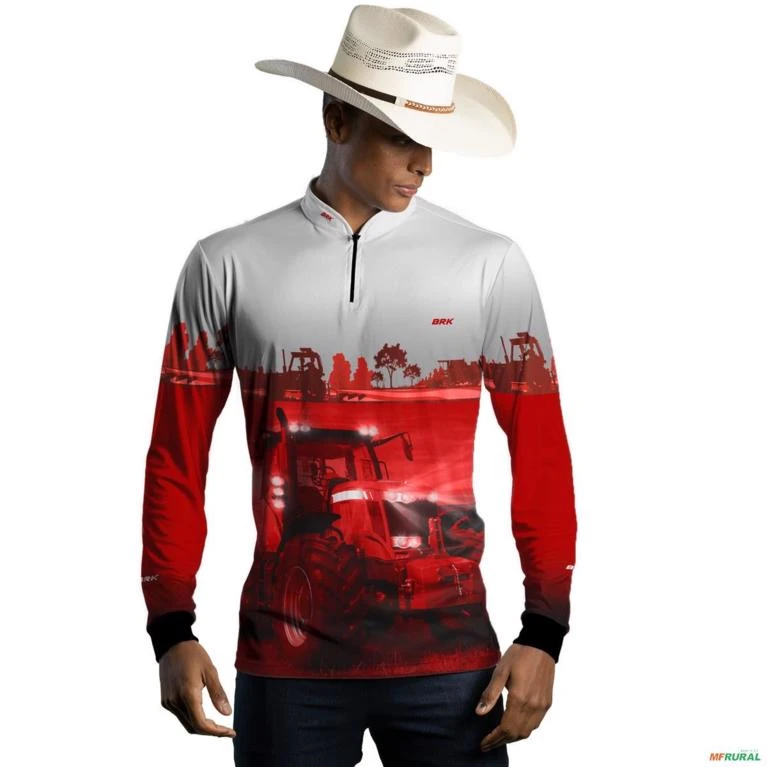 Camisa Agro BRK  Cinza e Branco Trator Vermelho com UV50 + -  Gênero: Masculino Tamanho: M