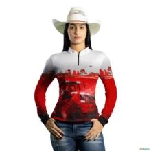 Camisa Agro BRK  Cinza e Branco Trator Vermelho com UV50 + -  Gênero: Feminino Tamanho: Baby Look GG