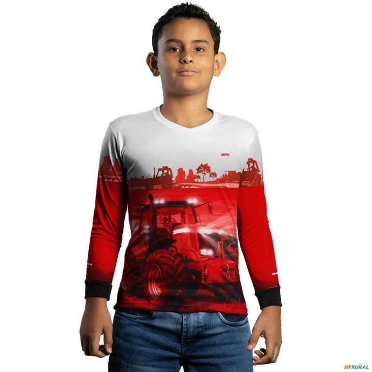 Camisa Agro BRK  Cinza e Branco Trator Vermelho com UV50 + -  Gênero: Infantil Tamanho: Infantil PP