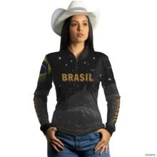 Camisa Agro BRK Preta Bandeira do Brasil com UV50 + -  Gênero: Feminino Tamanho: Baby Look M