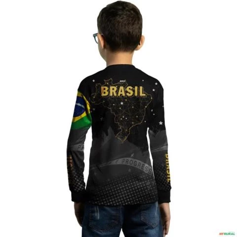 Camisa Agro BRK Preta Bandeira do Brasil com UV50 + -  Gênero: Infantil Tamanho: Infantil GG