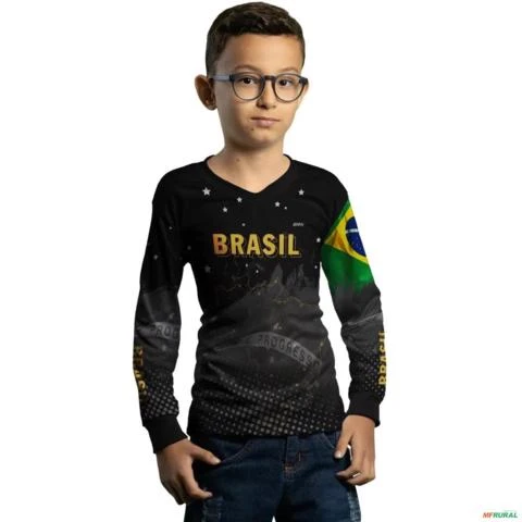 Camisa Agro BRK Preta Bandeira do Brasil com UV50 + -  Gênero: Infantil Tamanho: Infantil M