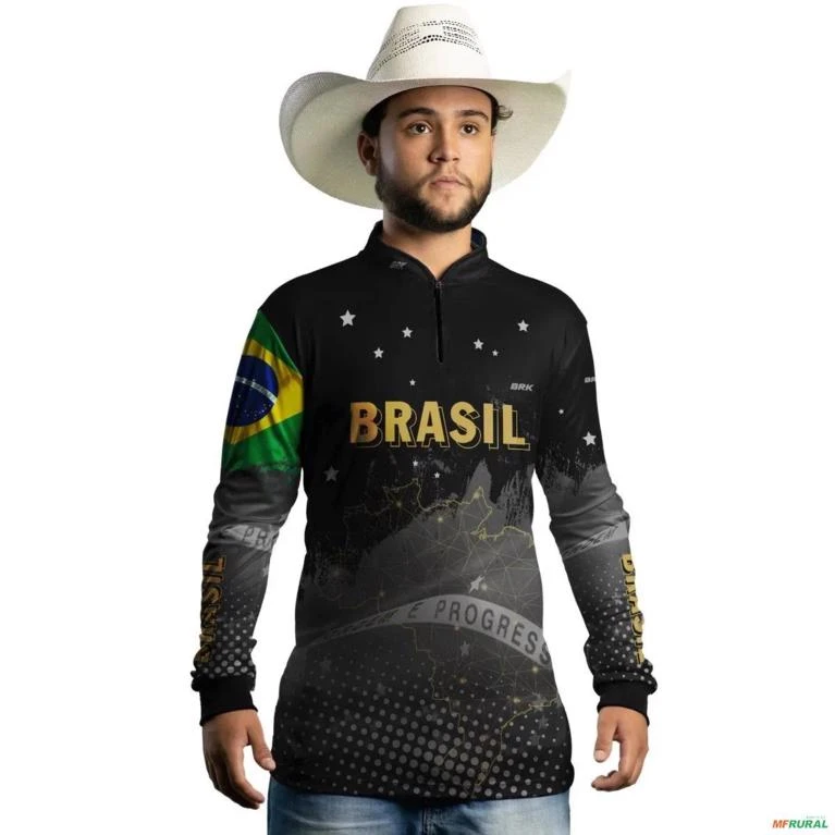 Camisa Agro BRK Preta Bandeira do Brasil com UV50 + -  Gênero: Masculino Tamanho: M