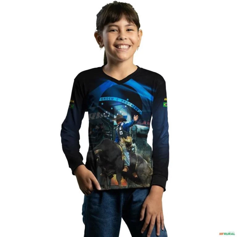 Camisa Agro Brk Rodeio Brasil Azul com Proteção Solar UV  50+ -  Gênero: Infantil Tamanho: Infantil P