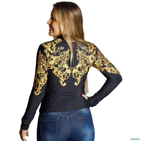 Camisa Country BRK Feminina Dourada e Preto Boiadeira com UV50 + -  Gênero: Feminino Tamanho: Baby Look M