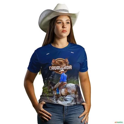 Camiseta Agro Brk Cavalgada Azul com Proteção Solar UV50+ -  Gênero: Feminino Tamanho: Baby Look P