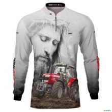 Camisa Agro BRK Branca Jesus Trator Vermelho com UV50 + -  Gênero: Masculino Tamanho: P