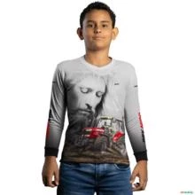 Camisa Agro BRK Branca Jesus Trator Vermelho com UV50 + -  Gênero: Infantil Tamanho: Infantil XXG