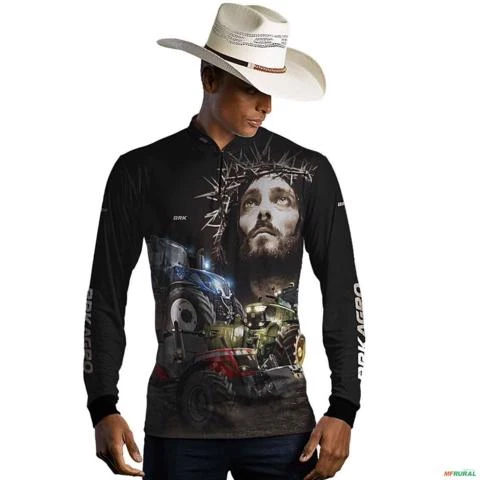 Camisa Agro BRK Trator Jesus Preta com Proteção UV50+ -  Gênero: Masculino Tamanho: PP