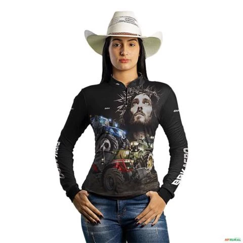 Camisa Agro BRK Trator Jesus Preta com Proteção UV50+ -  Gênero: Feminino Tamanho: Baby Look P