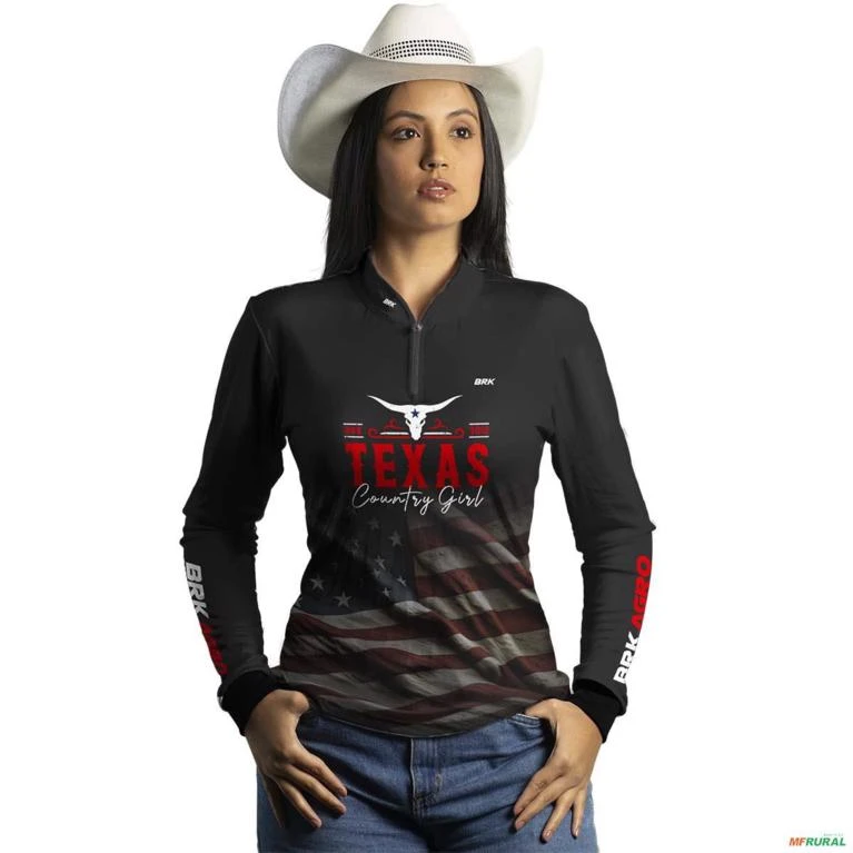 Camisa Agro BRK Texas Country Girl EUA Preta com UV50+ -  Gênero: Feminino Tamanho: Baby Look M