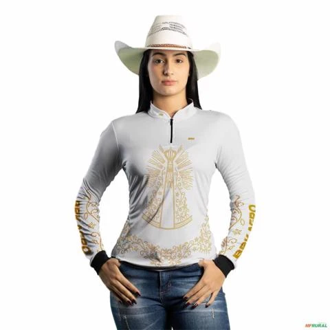 Camisa Agro Feminina BRK Nossa Senhora Strass Branca com  UV50+ -  Gênero: Feminino Tamanho: Baby Look P