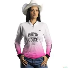 Camisa Agro Branca e Rosa BRK Delicada Igual Coice de Mula com UV50+ -  Gênero: Feminino Tamanho: Baby Look P