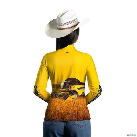 Camisa Agro Amarela BRK Colheitadeira CR5.85 com Proteção UV50+ -  Gênero: Feminino Tamanho: Baby Look P