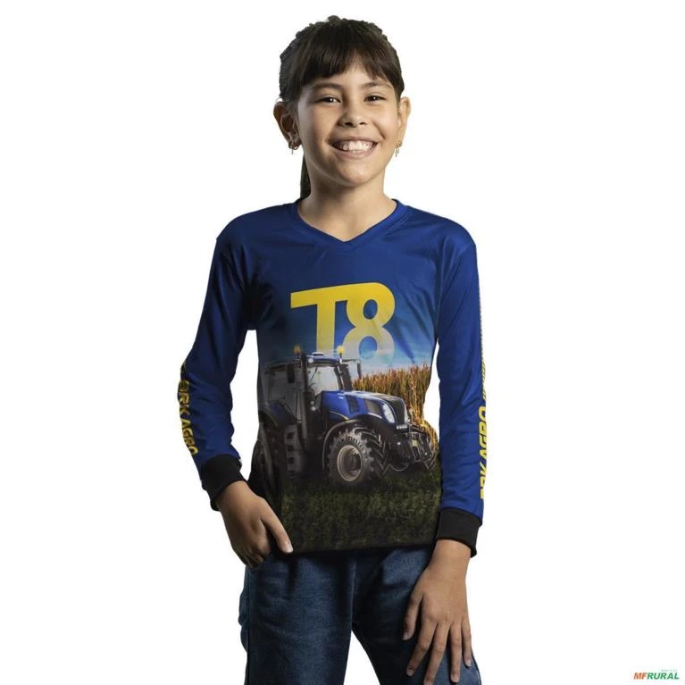 Camisa Agro BRK Trator T8 Azul com Proteção UV50+ -  Gênero: Infantil Tamanho: Infantil G1