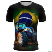 Camiseta Agro BRK Trator Azul Brasil com UV50  - Tamanho: Masculino G