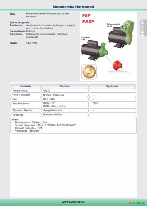 Imagem Bomba FAMAC Periférica Autoaspirante FASP80-1 76MM 1CV -  Voltagem: TRIF. 220/380/440V. Imagem Bomba FAMAC Periférica Autoaspirante FASP80-1 76MM 1CV -  Voltagem: TRIF. 220/380/440V.