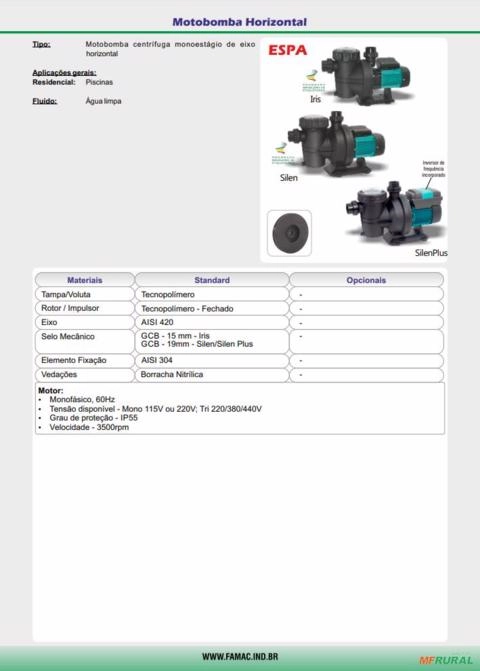 Imagem Bomba FAMAC Para Piscina SILEN S-150-22M 106MM 1,5CV -  Voltagem: MONOF. 220V. Imagem Bomba FAMAC Para Piscina SILEN S-150-22M 106MM 1,5CV -  Voltagem: MONOF. 220V.