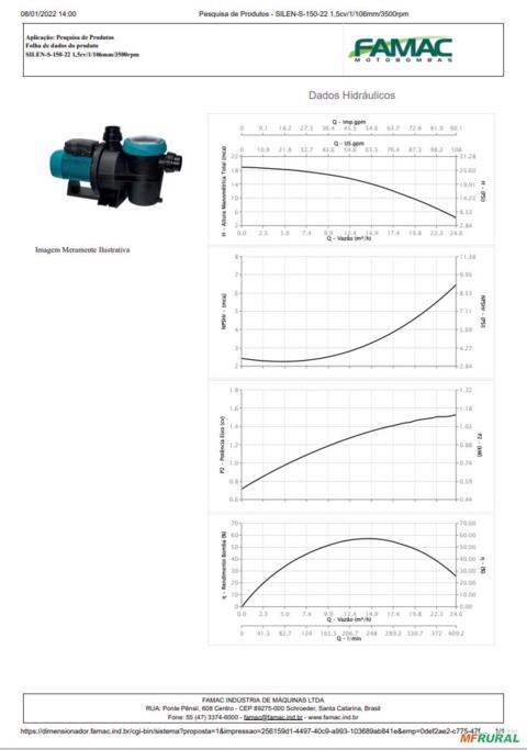 Imagem Bomba FAMAC Para Piscina SILEN S-150-22M 106MM 1,5CV -  Voltagem: MONOF. 220V. Imagem Bomba FAMAC Para Piscina SILEN S-150-22M 106MM 1,5CV -  Voltagem: MONOF. 220V.