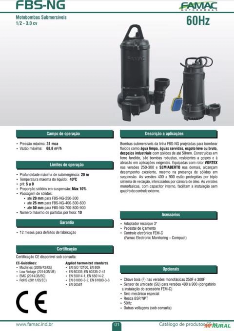 Imagem Bomba FAMAC Submersivel FBS-NG-700 150MM 1CV -  Voltagem: TRIF. 440V. Imagem Bomba FAMAC Submersivel FBS-NG-700 150MM 1CV -  Voltagem: TRIF. 440V.