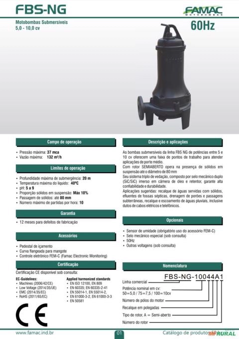 Imagem Bomba FAMAC Submersivel FBS-NG-5044A1 182MM 5CV -  Voltagem: TRIF. 380V. Imagem Bomba FAMAC Submersivel FBS-NG-5044A1 182MM 5CV -  Voltagem: TRIF. 380V.