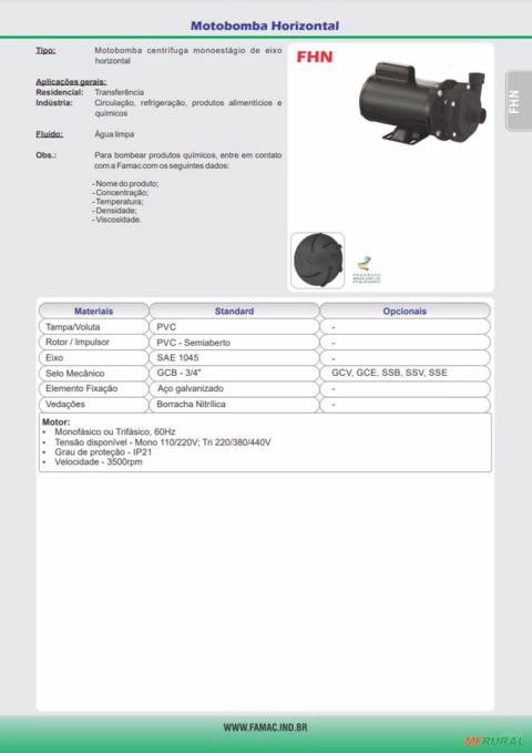 Imagem Bomba FAMAC Produtos Quimicos FHN  90MM 1/2CV -  Voltagem: TRIF. 220/380/440V. Imagem Bomba FAMAC Produtos Quimicos FHN  90MM 1/2CV -  Voltagem: TRIF. 220/380/440V.