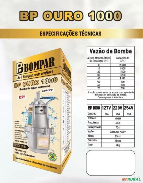 BOMBA BOMPAR SUBMERSA BP-OURO-1000 450W. 3/4 -  Voltagem: MONOF. 220V.