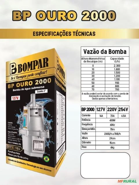 BOMBA BOMPAR SUBMERSA BP-OURO-2000  450W. 1 -  Voltagem: MONOF. 220V. Acessório Automático de Nível: Sem Automático