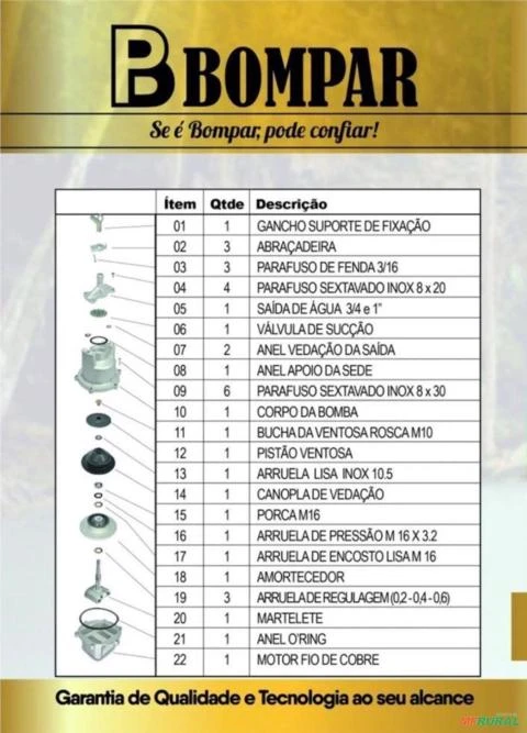 BOMBA BOMPAR SUBMERSA BP-OURO-2000  450W. 1 -  Voltagem: MONOF. 220V. Acessório Automático de Nível: Sem Automático