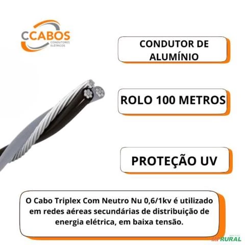 CCABOS - Cabo Alumínio Triplex 2X10MM²+1X10MM² (PT/CZ + Neutro Nu) 0,6/1kv Com 100 Metros