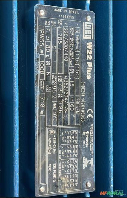 MOTOR ELÉTRICO WEG W22 150CV 4P 3F 220/380/440/660 Imagem MOTOR ELÉTRICO WEG W22 150CV 4P 3F 220/380/440/660