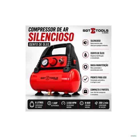 Compressor De Ar Profissional Sigma Tools 6L 1,5HP Oil Free 6PCM 115 PSI 220V Imagem Compressor De Ar Profissional Sigma Tools 6L 1,5HP Oil Free 6PCM 115 PSI 220V