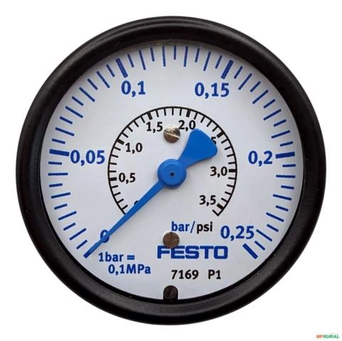 Manômetro 0-0,25 Bar G1/4 Ma-63-0,25 - Festo 7169 - Voltagem: N/A Imagem Manômetro 0-0,25 Bar G1/4 Ma-63-0,25 - Festo 7169 - Voltagem: N/A