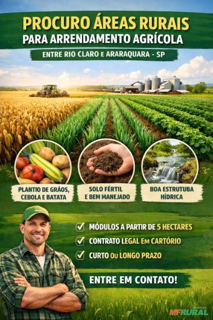 Procuro áreas para arrendamento entre as cidades de Rio Claro e Araraquara. Imagem Procuro áreas para arrendamento entre as cidades de Rio Claro e Araraquara.