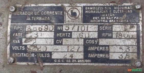 Gerador de corrente alternada - Bambozzi - Tipo 8B69D - 2KVA - 220V/127V - 60Hz - 1800rpm Imagem Gerador de corrente alternada - Bambozzi - Tipo 8B69D - 2KVA - 220V/127V - 60Hz - 1800rpm