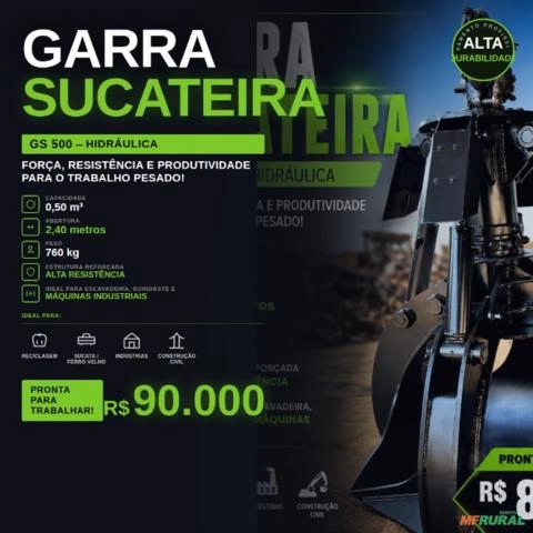 Garra Sucateira Hidráulica GS 500 – 0,50m³ | Alta Resistência | Pronta para Trabalho | R$ 90.000 Imagem Garra Sucateira Hidráulica GS 500 – 0,50m³ | Alta Resistência | Pronta para Trabalho | R$ 90.000