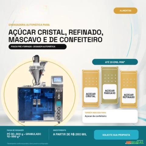 Envasadora de Açúcar Cristal, Mascavo e Refinado em Pouch Ebbapack Imagem Envasadora de Açúcar Cristal, Mascavo e Refinado em Pouch Ebbapack