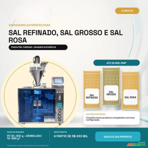 Envasadora de Sal Refinado, Grosso e Rosa em Pouch Ebbapack Imagem Envasadora de Sal Refinado, Grosso e Rosa em Pouch Ebbapack