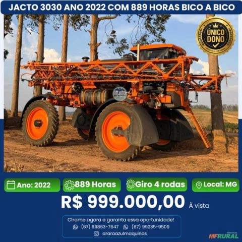 PULVERIZADOR JACTO 3030 ANO 2022 COM APENAS 889 HORAS BICO A BICO 32 MTS DE BARRA GIRO NAS 4 RODAS Imagem PULVERIZADOR JACTO 3030 ANO 2022 COM APENAS 889 HORAS BICO A BICO 32 MTS DE BARRA GIRO NAS 4 RODAS