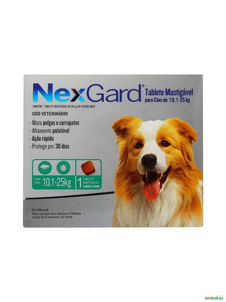 Antipulgas e Carrapatos NexGard 68 mg para Cães de 10,1 a 25 Kg - 1 Tablete